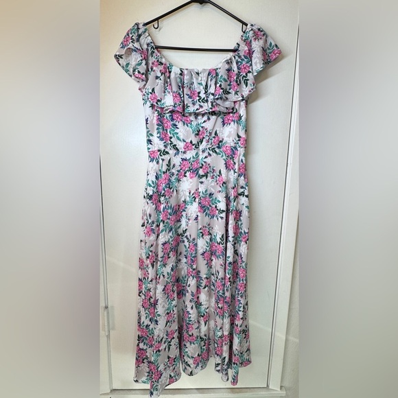 Betsey Johnson Off Shoulder Cream Pink Tropical Floral A Line Midi Dress Size 2 - Picture 7 of 13